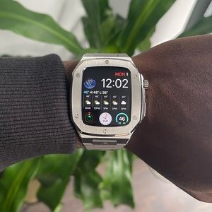 Silver Apple Watch stainless steel Luxury case fits 44mm Series 4, 5, 6, and SE
